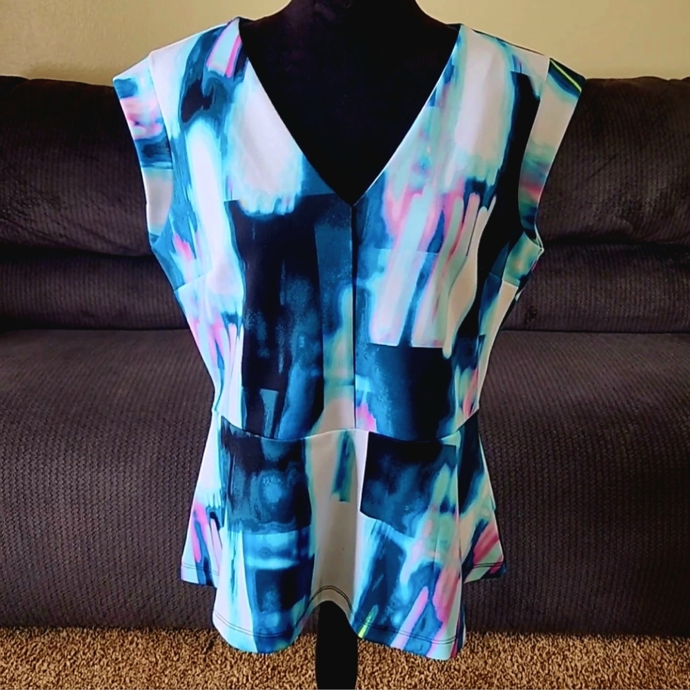 Worthington Peplum Dress Top Shirt Blue Pink White Sleeveless